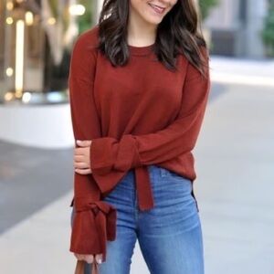 Madewell Rust Brown, Midweight Loose Fit Sweater Bell sleeved Bow Tie Ends